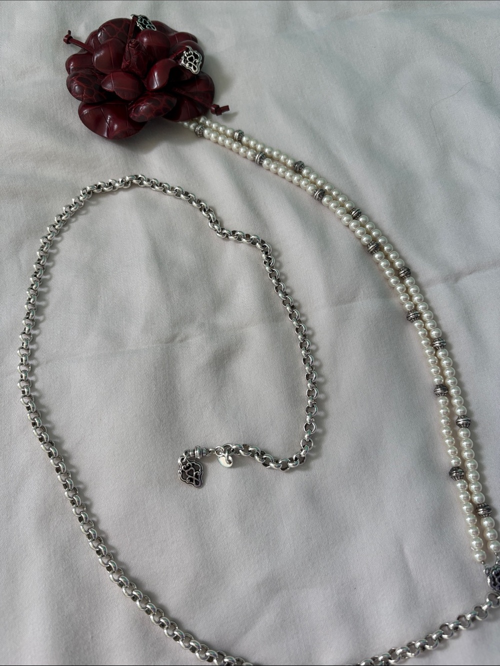 Brighton Silver Chain Necklace with White Pearls and Burgundy Accent